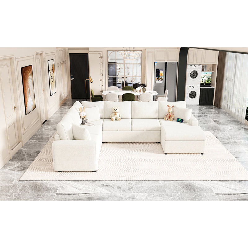 Lit modulaire coulissant crème avec rangement, chargement et 3 coussins décoratifs pour espace de vie de 112,2 po, Crème