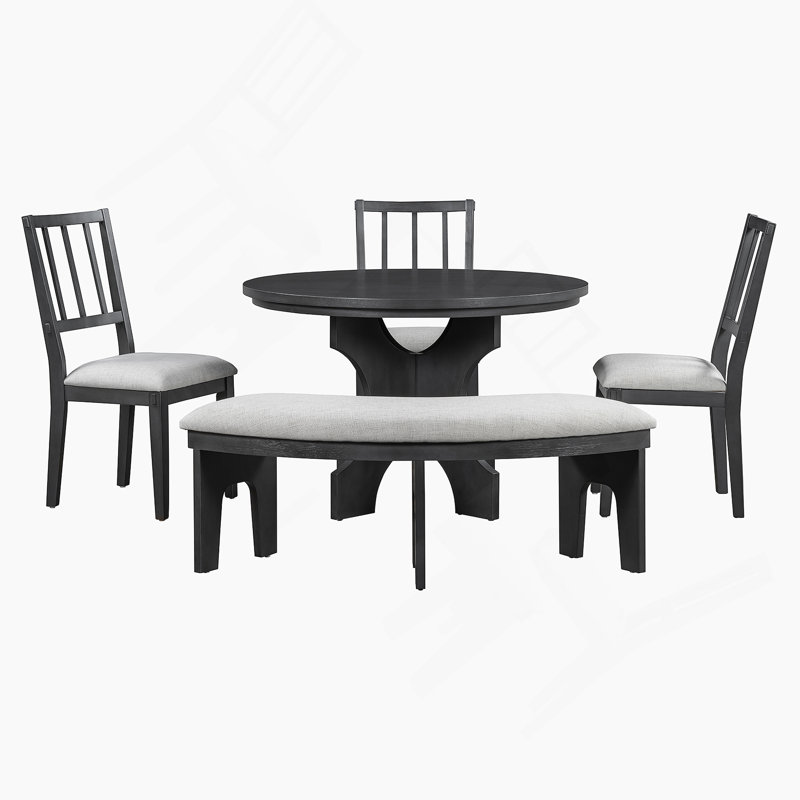 Ensemble de salle à manger 5 pièces, table de salle à manger avec 3 chaises rembourrées et un banc incurvé pour la salle à manger, la cuisine et le salon