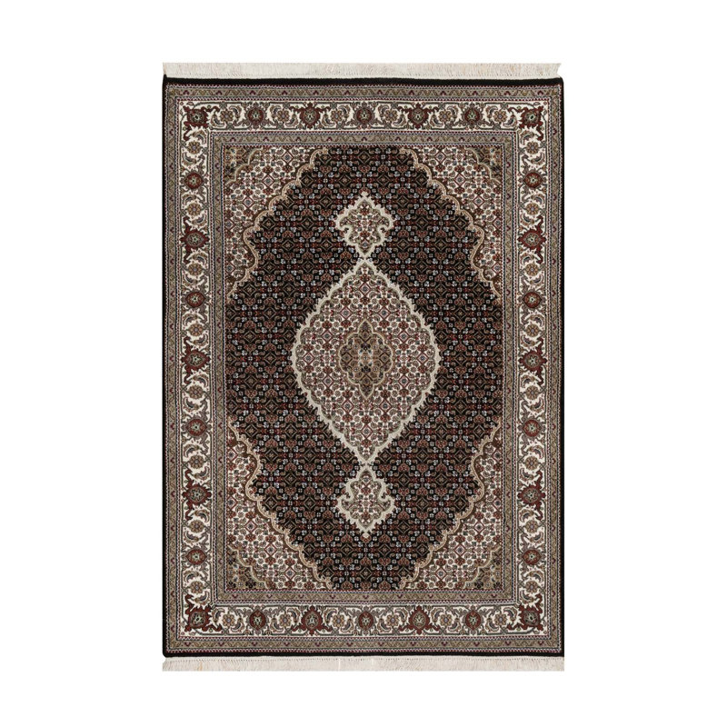 Tapis oriental noué à la main 4 pi 9 po x 6 pi 9 po noir, 175 KPSI, Tabriz Mahi avec médaillon de poisson, 100% laine