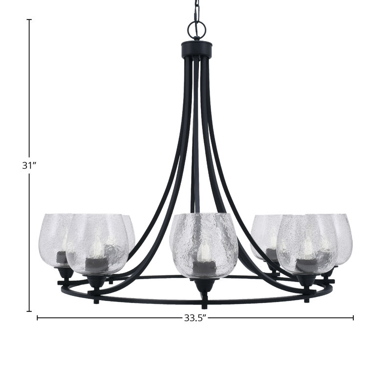 Lustre 8 lumières avec verre à bulles 6 "Paramount, Noir mat, Grainé transparent