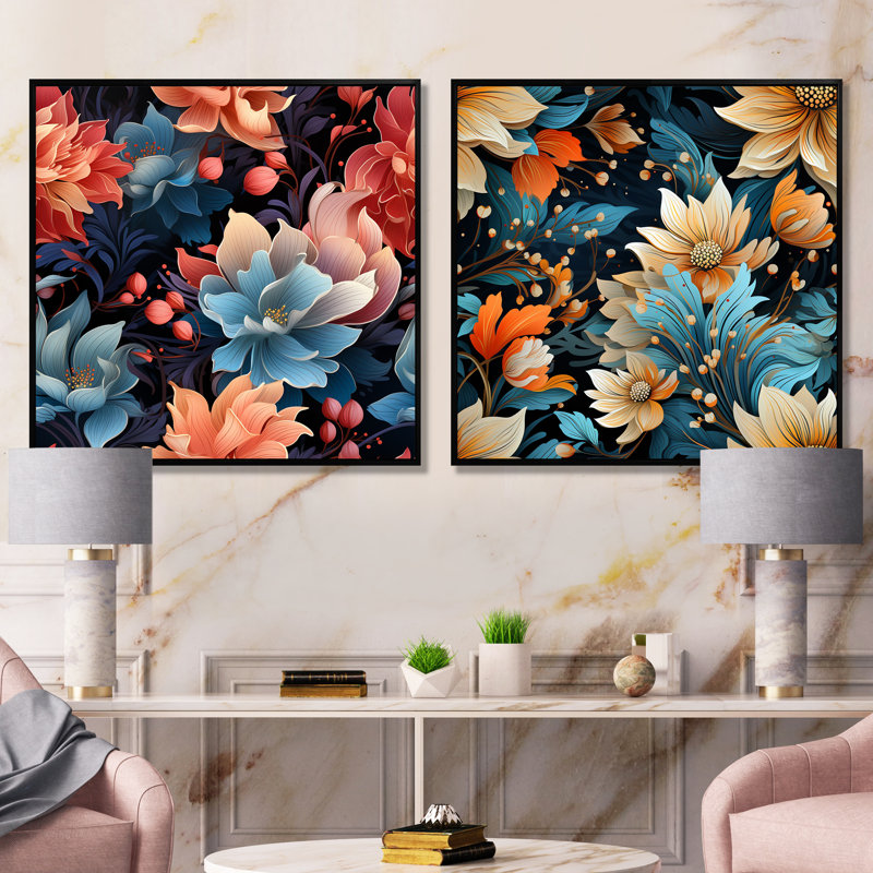 Motif floral botanique ultra moderne - ensemble de 2 impressions murales florales, Cadre flottant noir