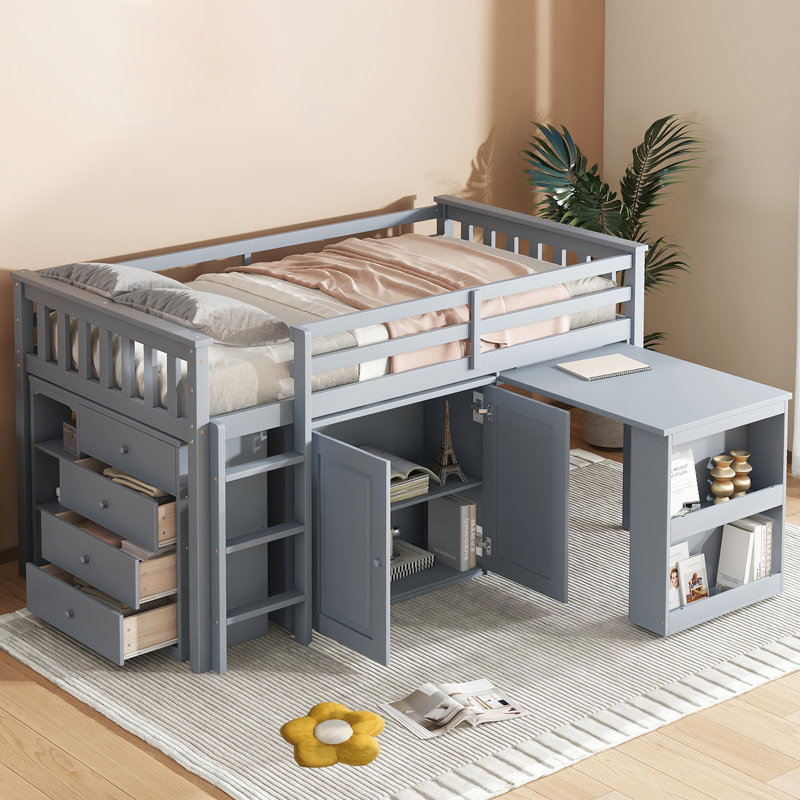 Lit mezzanine simple en bois d'hévéa avec armoire de rangement, tiroirs et bureau coulissant, gris
