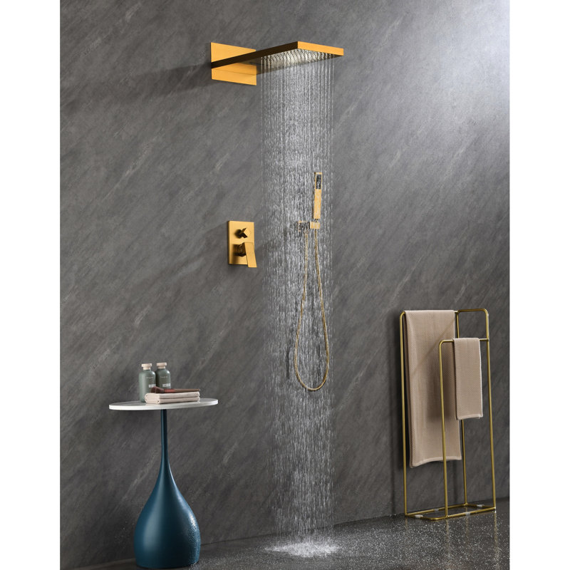 Brass Gold Shower Faucet With 3-Mode Rectangular Head And Handheld System 2