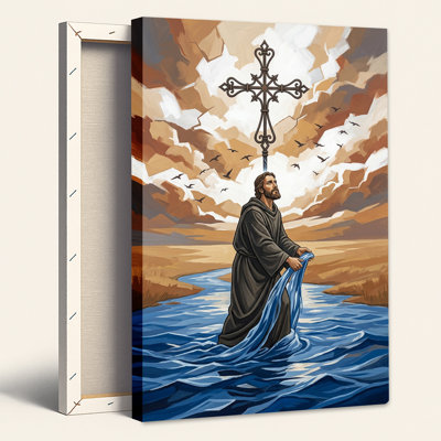 Man in Dark Robe Holding Blue Cloth With Ornate Cross in Canvas Wall Art