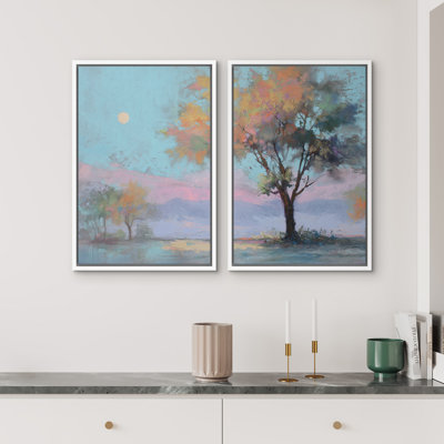 Dreamy Colorful Landscape Tree Reflection Serene Nature Scene Wall Decor for Living Room Bedroom Framed Canvas Master Bedroom Wall Art Work 2 Pieces P
