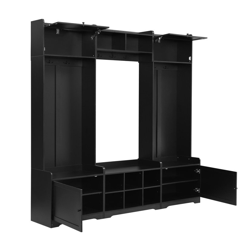 79.1''Wide Modern Hall Tree With Shoe Storage, 4-In-1 Entryway Bench With 8 Cubbies, 7 Coat Hooks & Adjustable Shelf For Hallway, Living Room, Black