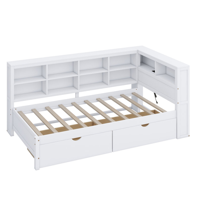 Wooden Daybed With Drawers,Storage Shelf And USB Charging Ports, Twin, White