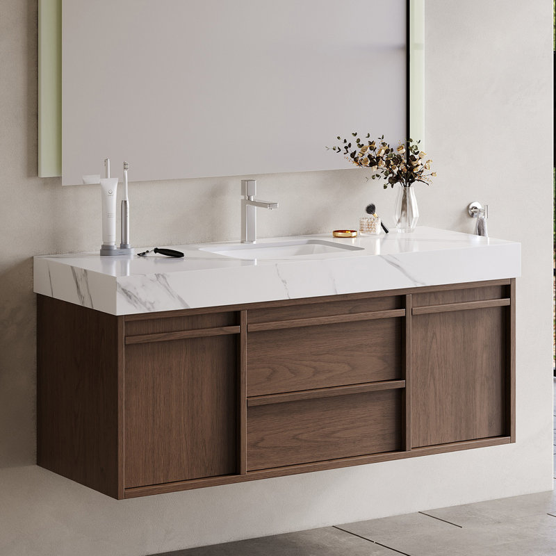 Comptoir de meuble-lavabo à simple cuve en pierre frittée 48 po x 19 po avec lavabo en céramique intégré, comptoir de salle de bain moderne pré-percé, lavabo en céramique encastré