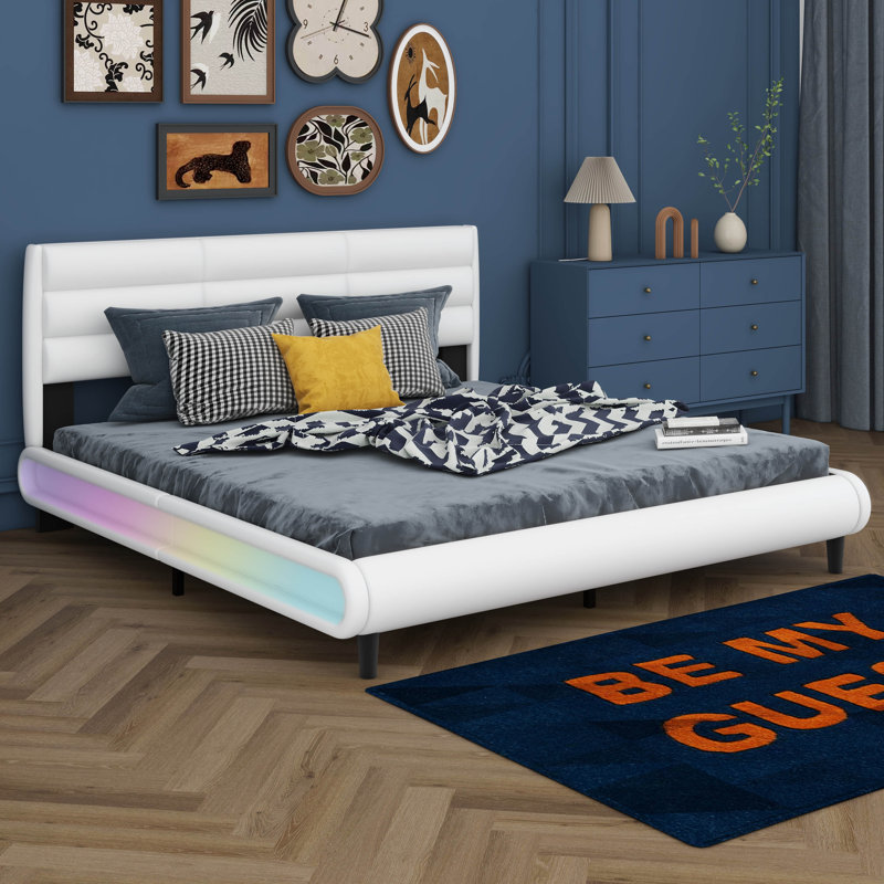 King Size Upholstered Platform Bed With LED Light Strips
