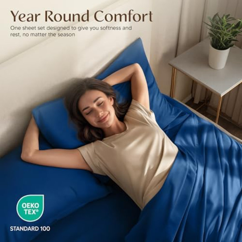 Ensemble de draps pour grand lit - 4 draps pour grand lit, microfibre douce et respirante, comprend 1 drap-housse, 1 drap plat et 2 taies d'oreiller (bleu crépuscule)