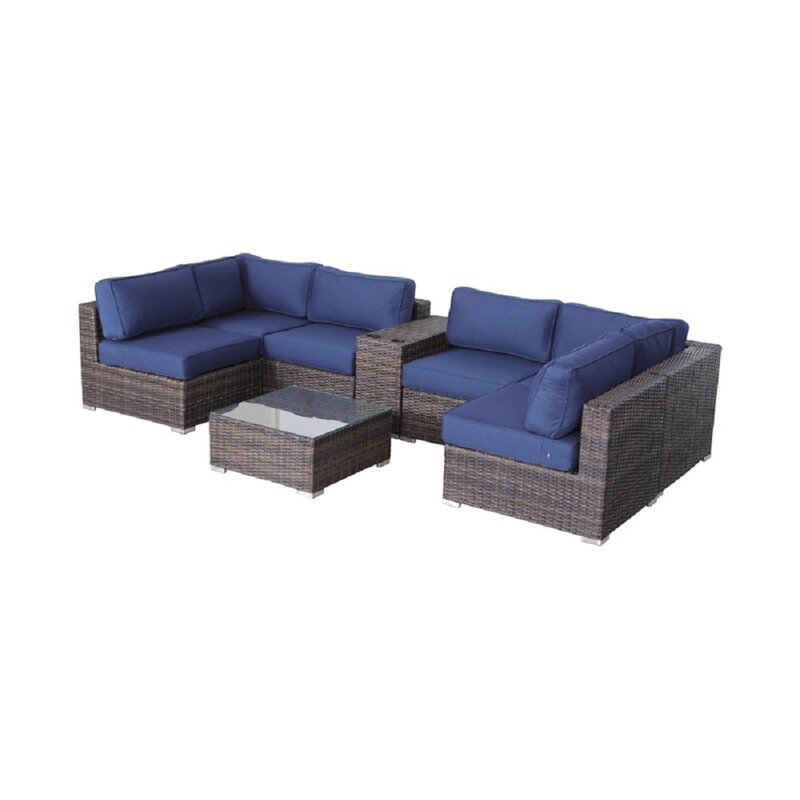 Lazaro Wicker Fully Assembled 4 - Person Seating Group with Sunbrella Cushions, Brown, Sunbrella Navy Blue