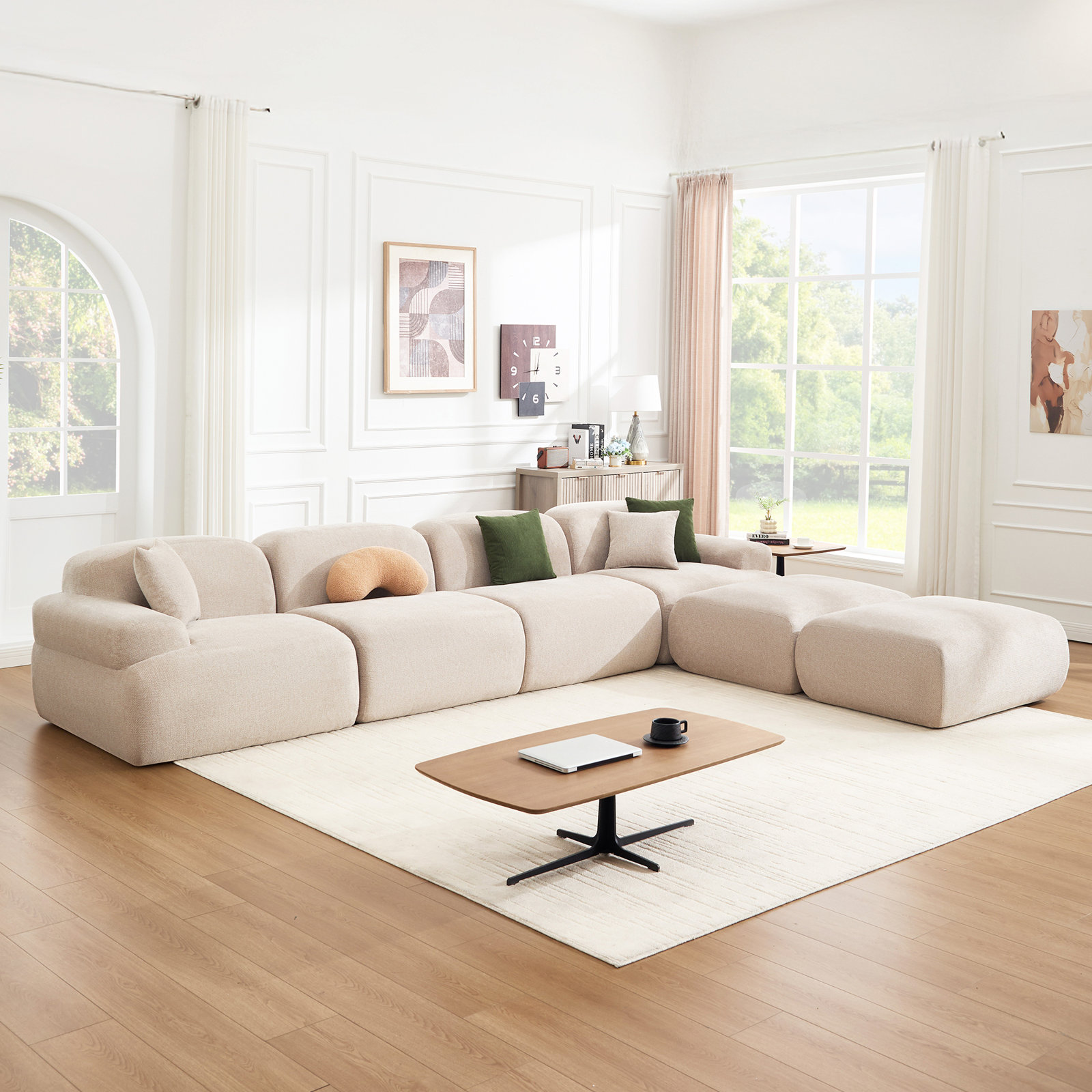 153.5" U Shaped Sectional Compression Chenille Corduroy Modular Sofa Oversized, Khaki Polyester Blend