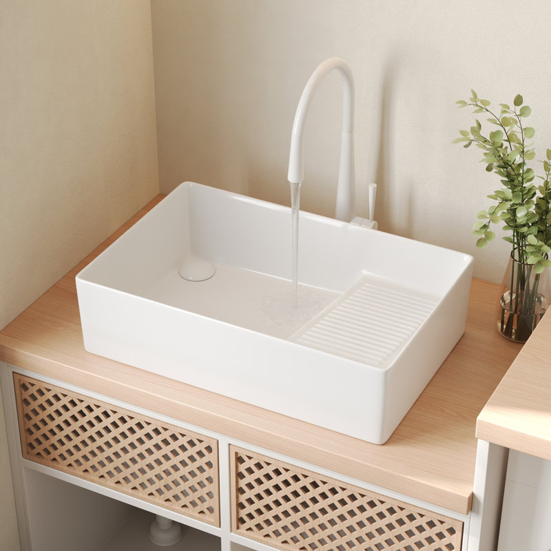 Lavabo vasque de salle de bain carré en céramique blanche 24 po x 15 po Perch