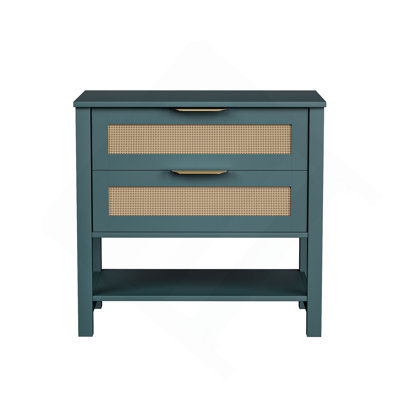 Rattan Nightstand with 2 Drawers and Storage Shelf Boho Bedside Narrow Side Table for Bedroom