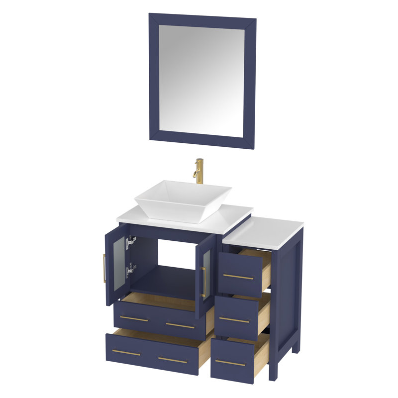 Ensemble de meuble-lavabo sur pied 36 po avec plateau en marbre et miroir assortis Ravenna, Bleu