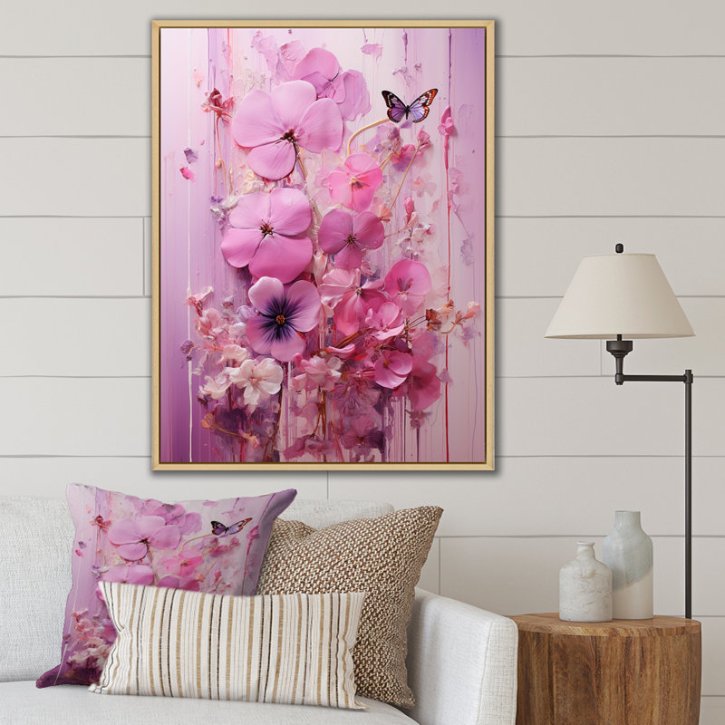 Délicats pétales de fleurs roses avec peinture papillon - art mural fuschia, Cadre flottant brun, H 20 po x l 12 po x P 1 po