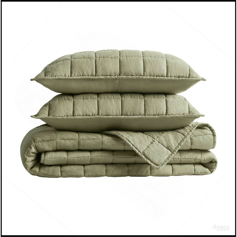 Linen Quilt Set, Olive Green