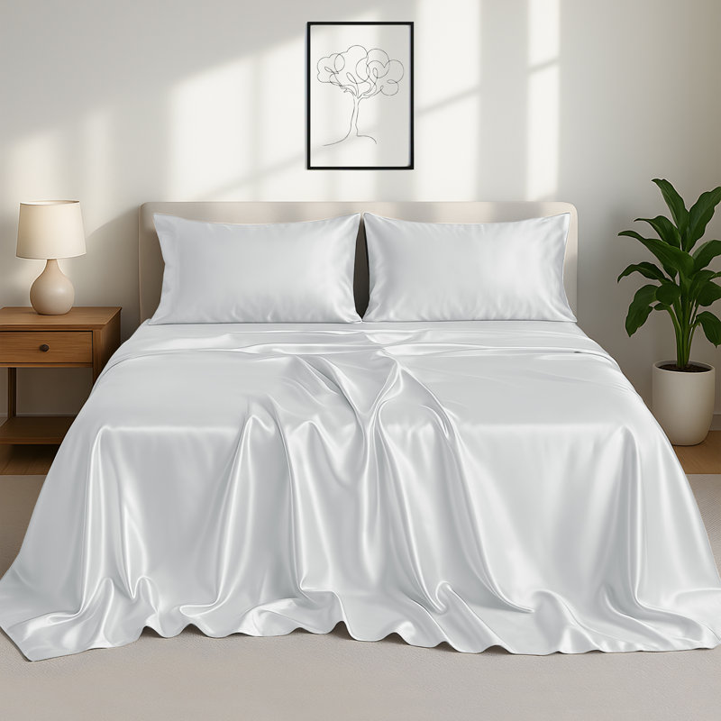 Drap-housse luxueux 4 pièces Lux Satin, Gris, Ensemble de draps pour grand lit avec 2 taies d'or