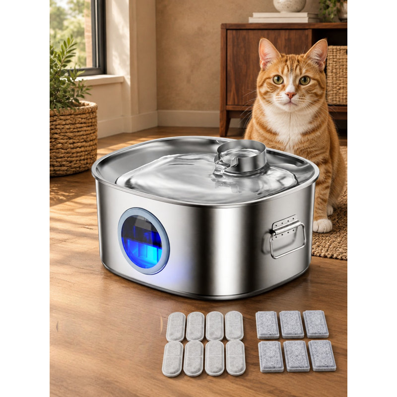Fontaine automatique pour chiens en acier inoxydable de 11 L/2,8 gal pour grands chiens d'intérieur, avec fenêtre de visibilité, lumière DEL, fonctionnement ultra-silencieux et 8 filtres.