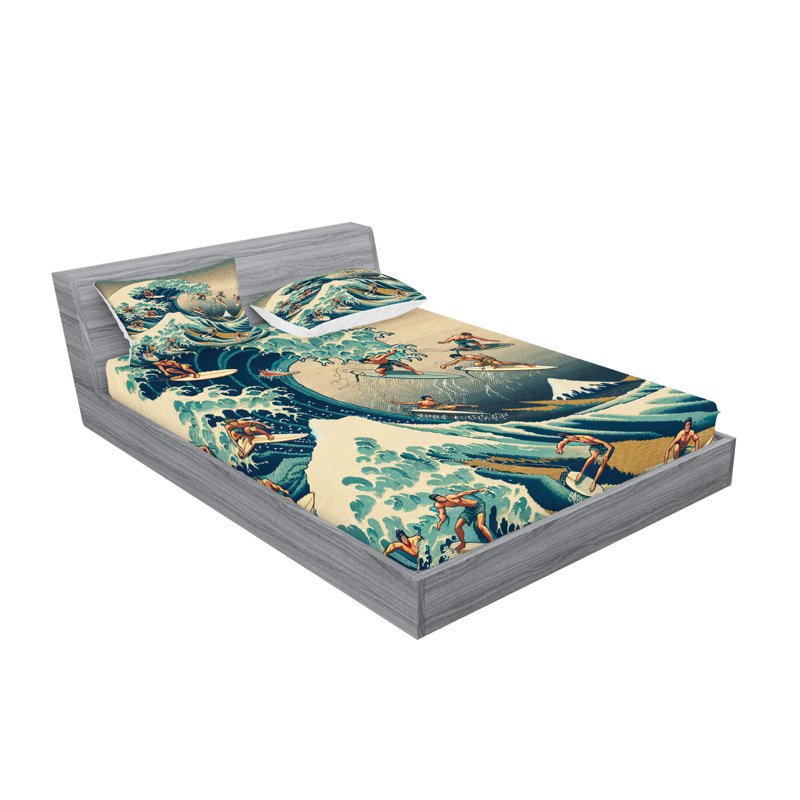 Drap-housse et taie décorative Ambesonne Surfers Ukiyo-e Ocean Seafoam, Double