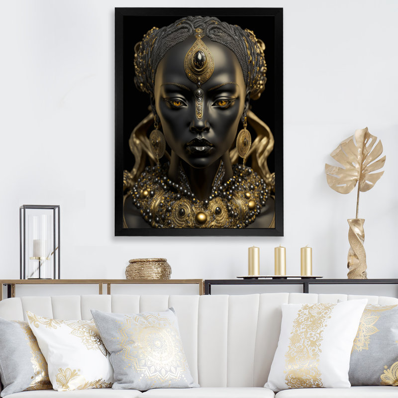 Gros plan sur une déesse africaine noire et dorée I sur toile, H 20 po x l 12 po x P 1 po, Cadre photo noir