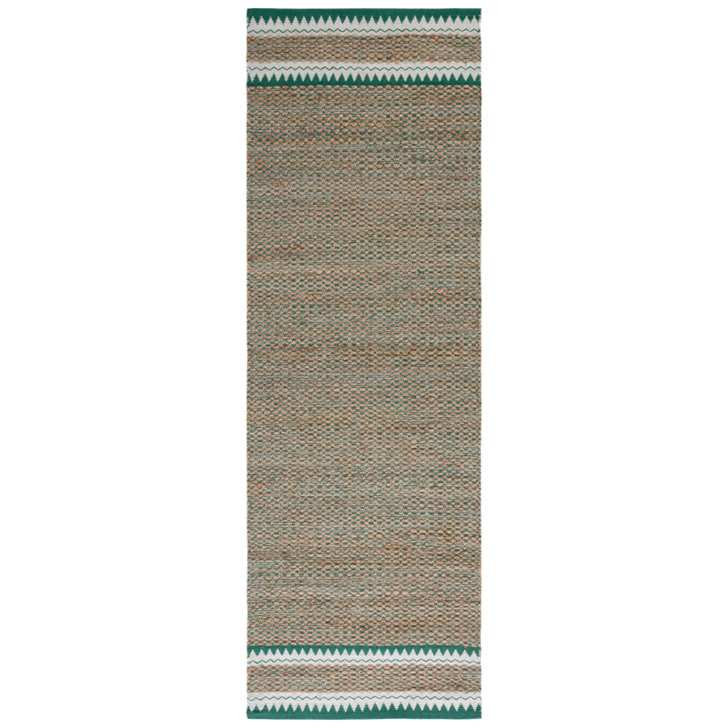 Janellie Natural Fiber Hand Woven Jute/Wool Solid Color Rug in Brown/Green, Runner 2'6" x 8'