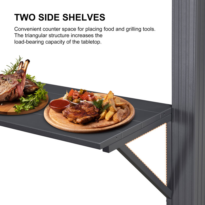 8 Ft. W x 6 Ft. D Aluminum Lighted Hardtop Grill Gazebo with 2 Side Shelves for BBQ, Gray