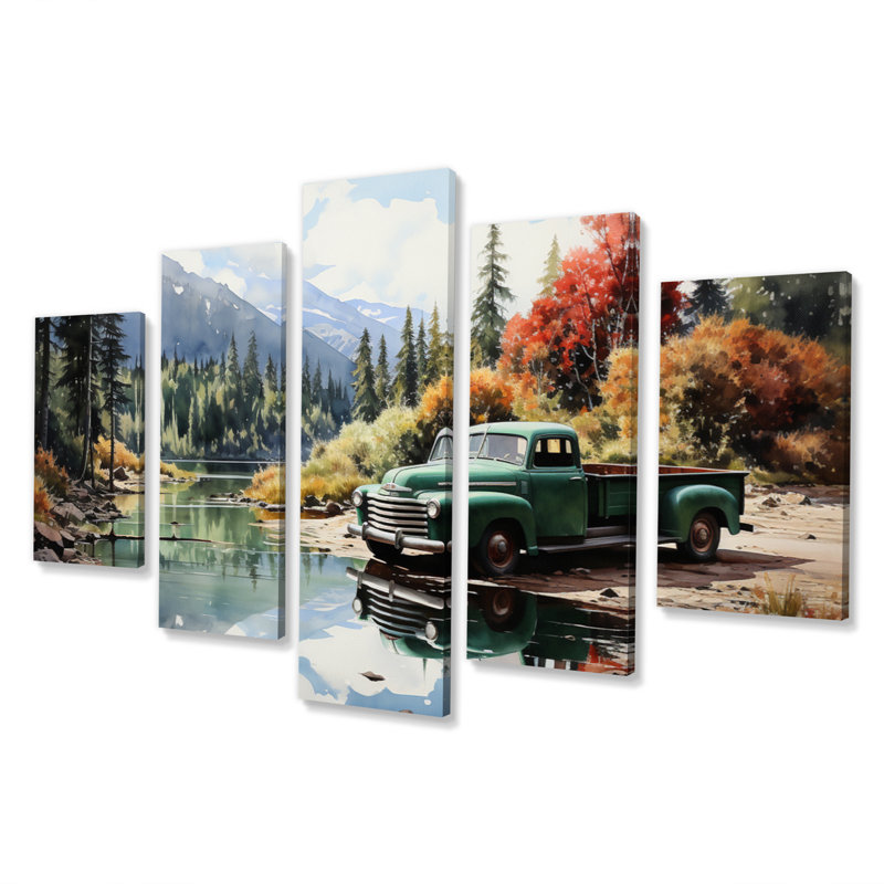 Pickup Truck Tranquil Lakeside III - Art mural sur toile transport - 5 panneaux