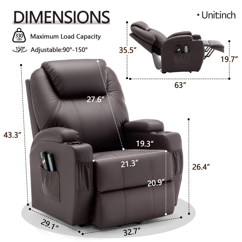 Fauteuil inclinable électrique Power Lift avec massage et chaleur pour personnes âgées avec poches latérales et 2 porte-gobelets
