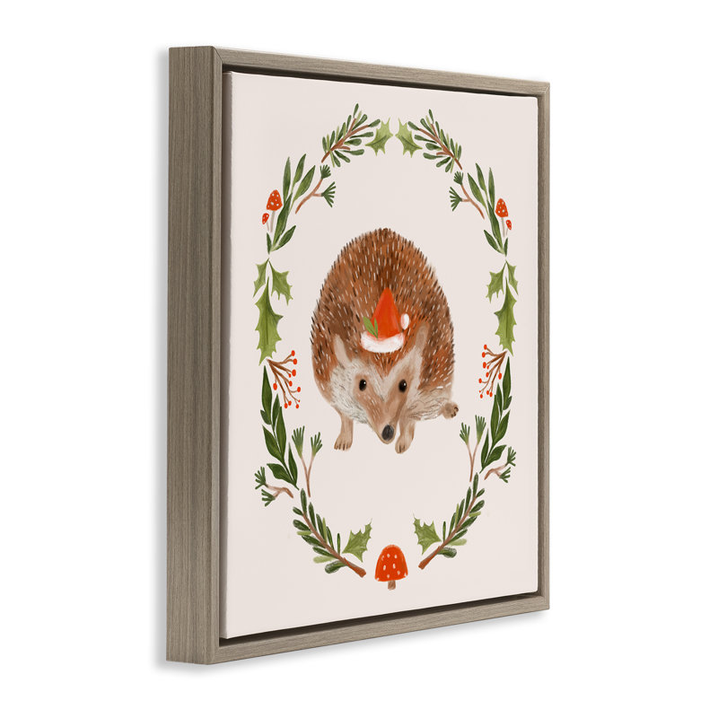 Art mural sur toile Holiday Hedgehog Wreaf par Laura Konyndyk, Cadre flottant orme Montalcino, H 17 po x l 17 po