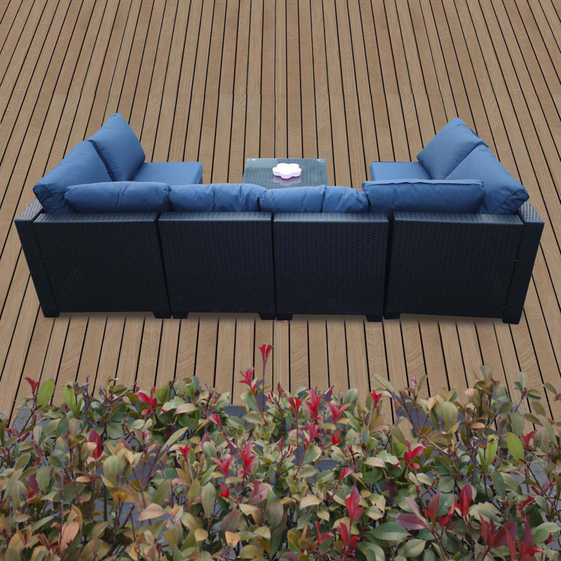 Ensemble de table 7 pièces avec fauteuil en rotin PE, Bleu