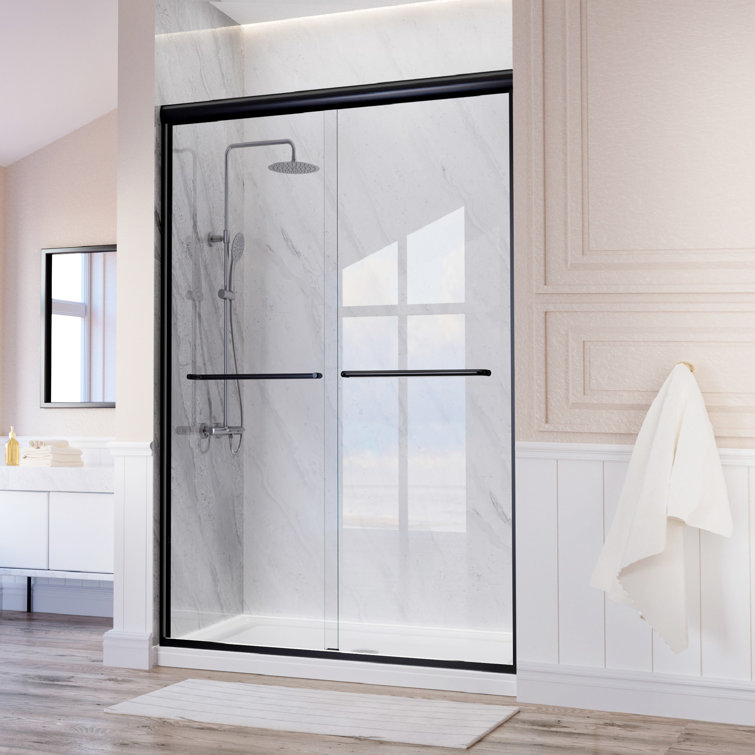 44" - 48'' W X 72'' H Double Sliding Door Semi-Frameless Shower Door With Two Black Towel Bars