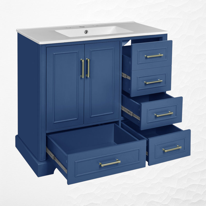 Akeal 36" Single Bathroom Vanity with Top, 2 Doors and 4 Drawers, Blue