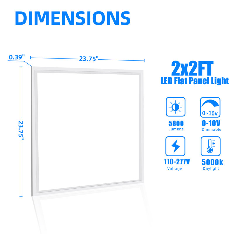 Panneau lumineux de plafond à DEL intégré de 2 pi x 2 pi de 80 watts, 4800 lumens, 5000K, paquet de 10