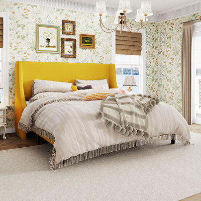 Bowdoin Modern Linen Upholstered Wingback Platform Bed with Wooden Slats