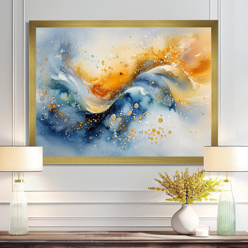 «Blue Yellow Dream Lines IV - Abstract Collages», reproduction sur toile, H 24 po x l 32 po, Avec cadre, Doré