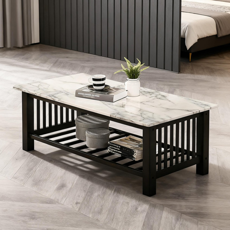 Modern Faux Marble Coffee Table With Lower Shelf, 47-inch Long Console Table For Living Room