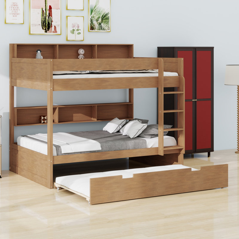 Lit superposé avec lit gigogne, Simple sur simple, Bois antique