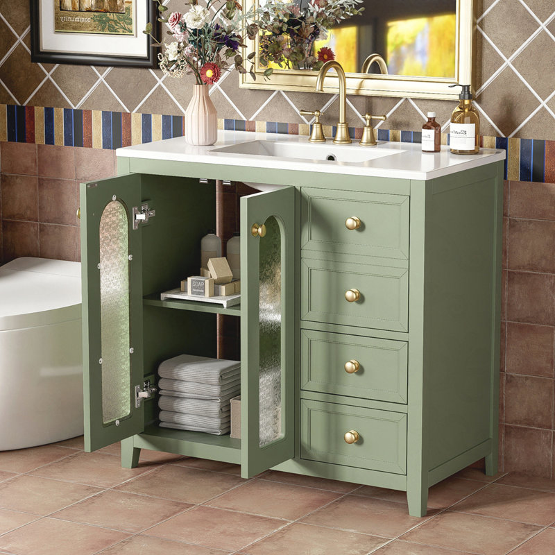 Meuble-lavabo de 36 pouces avec deux portes à fermeture douce, des tablettes réglables et trois tiroirs, Vert