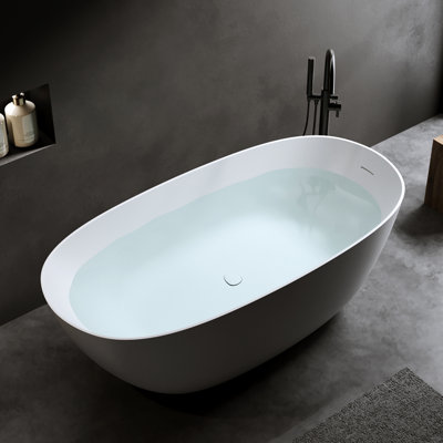 Baignoire autoportante en résine de pierre de 165 cm (65 po) blanc mat, design spacieux, installation facile, surface solide blanche non perméable, avec trop-plein et bonne rétention de la chaleur