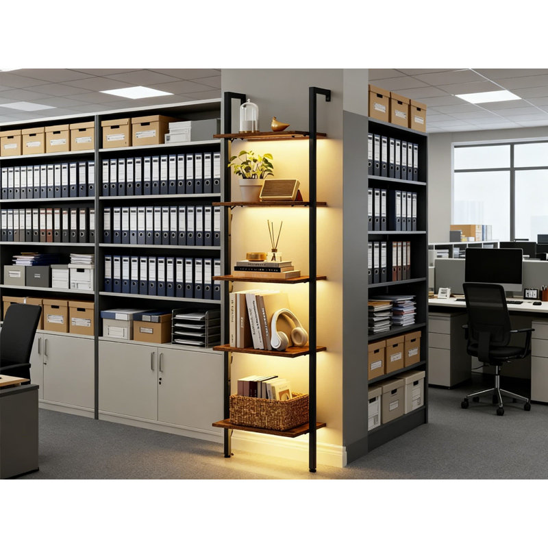 Étagère murale à échelle avec lumières DEL, bibliothèque à 5 niveaux avec cadre en métal pour le salon, la chambre à coucher et le bureau, conception peu encombrante