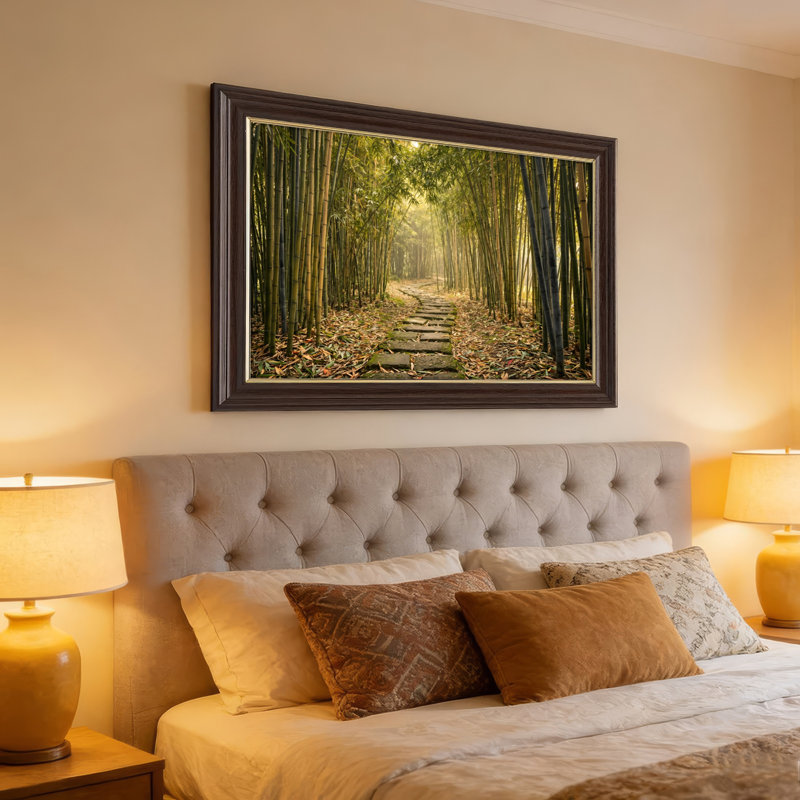 Art mural antique sur toile encadré doré pour le salon, la chambre à coucher, le bureau ou le vestibule - décoration murale décorative avec chemin en bambou
