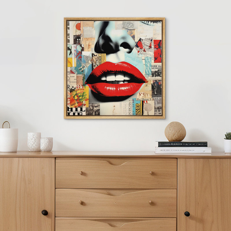 «Pop Urban Street Mosern», journal rustique, collage, mode, lèvres, œuvre d'art encadrée, Encadré naturel, H 24 po x l 24 po