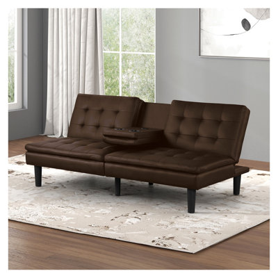 Canapé-lit futon en similicuir brun avec table rabattable, porte-gobelets et ports de chargement USB