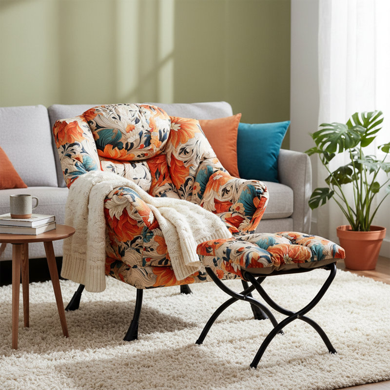 Fauteuil paresseux et rembourré Abramson, Imprimé de velours blanc, orange, bleu, Non