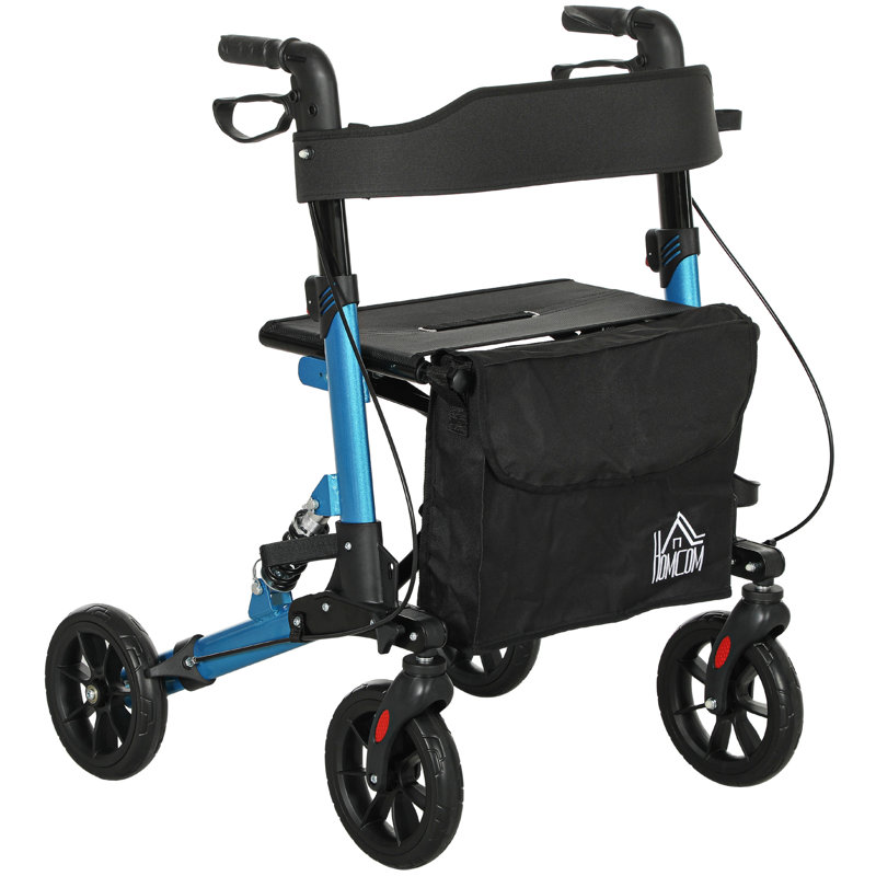 HOMCOM Folding Rollator Walker with Seat Backrest Bag 4 Wheels, Blue
