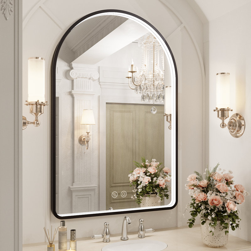 Miroir de salle de bain à DEL avec lumières, miroir de salle de bain arqué avec antibuée, température de 3 couleurs, fonction de mémoire, à intensité variable
