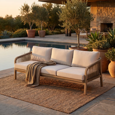 Andrek Outdoor Acacia Wood and Rope Woven Sofa with Cushions