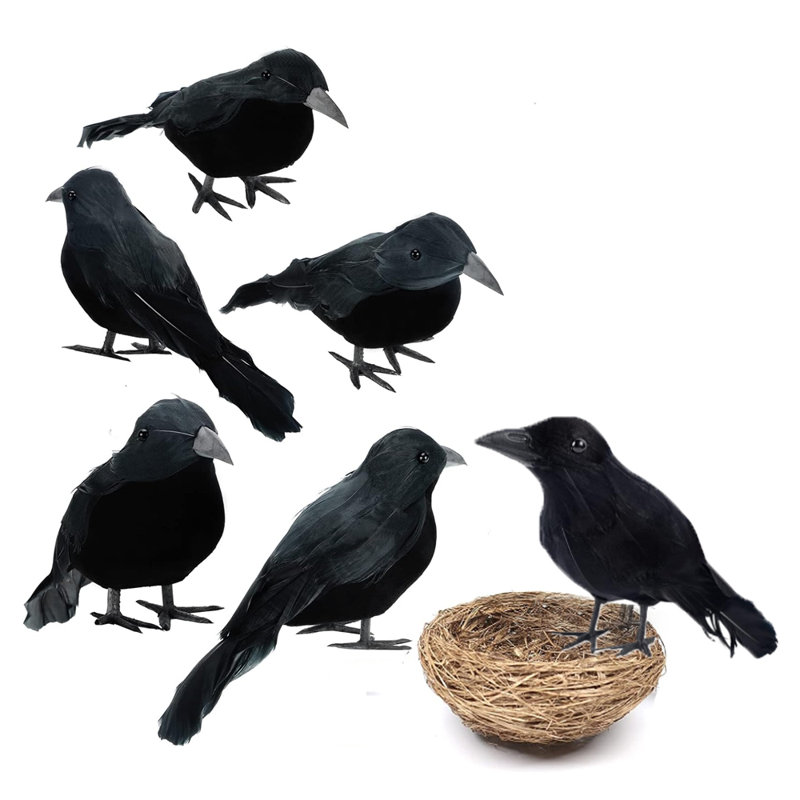6 PCS d'Halloween corbeaux noirs réalistes corbeaux artificiels plumes de corbeau avec 1 nid d'oiseau pour décorations d'Halloween