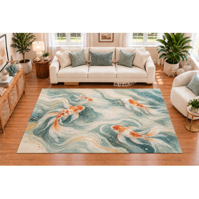 "Ultra Thin" 5' x 7', Koi Fish Flowing Water Design Area Rug for Living Room, Dining Room, Bedroom, Soft Low Pile Indoor Rug with Non Slip Silicone Backing